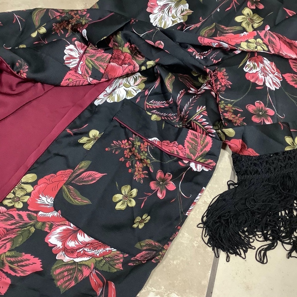 🌸KIMONO ROBE LONG MAXI FLOWER BOHO FRINGE SILK - Picture 10 of 12